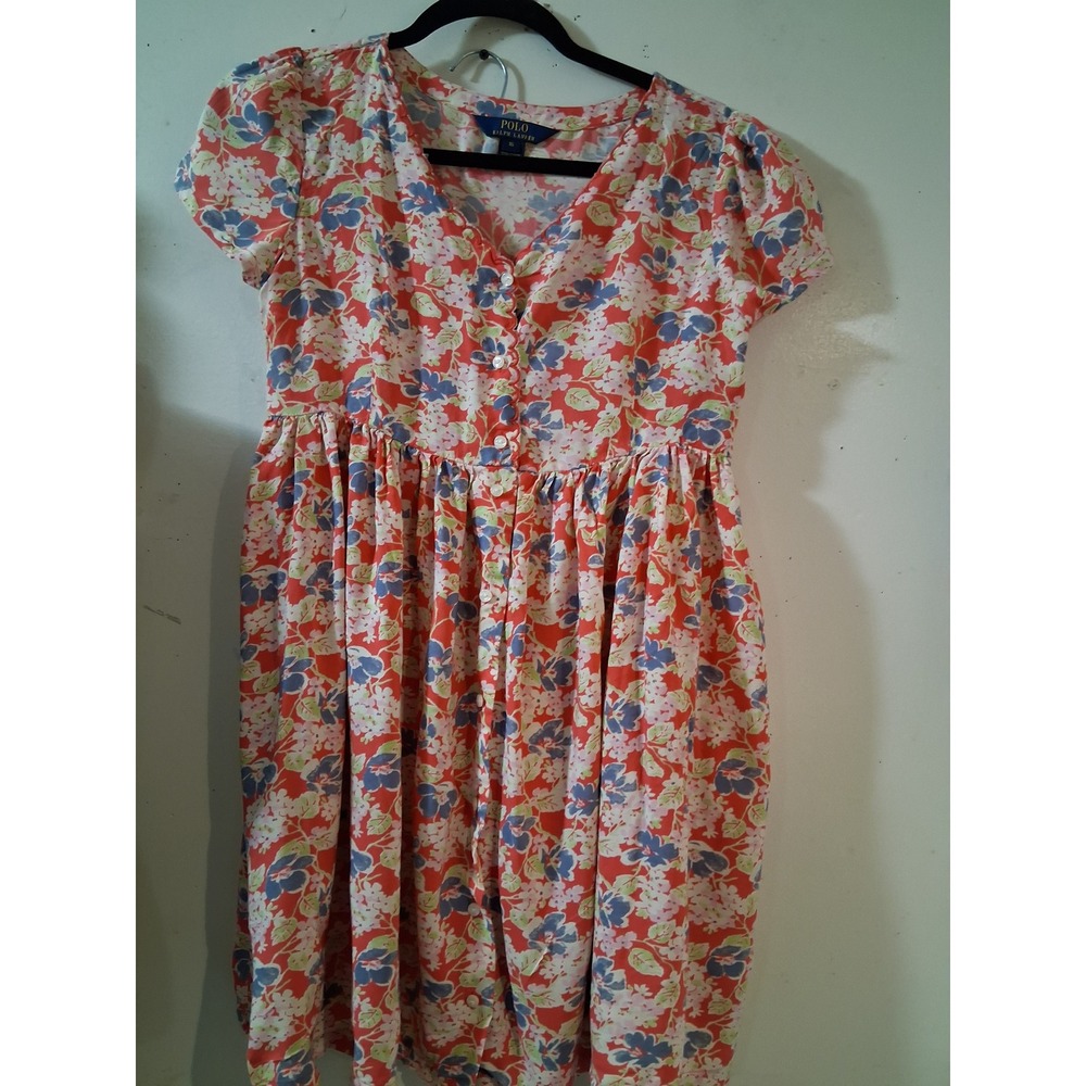 Polo Ralph Lauren Girls Floral Button Front Dress Pink Blue Size 16 Viscose